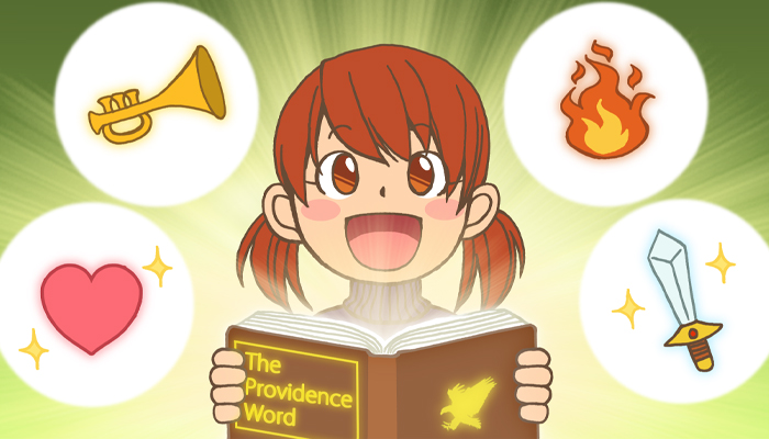 聖書を読む女の子と御言葉の比喩が描かれたイラスト