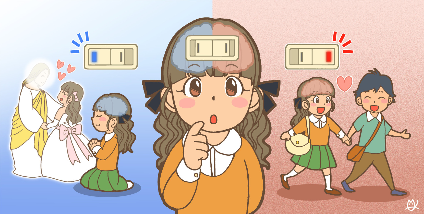 脳が考えのスイッチで作動する様子を描いたイラスト