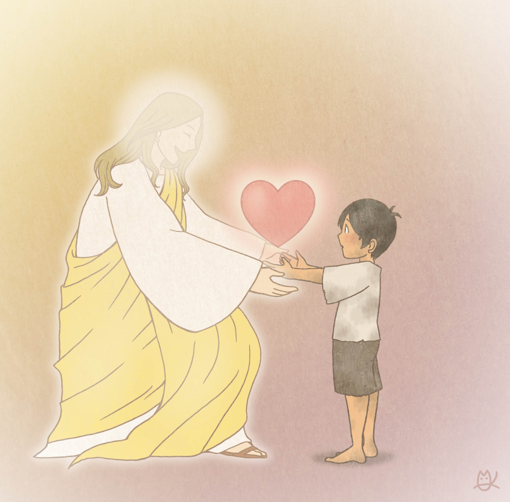 神様が貧しい少年からの愛を喜んで受け取っているイラスト
