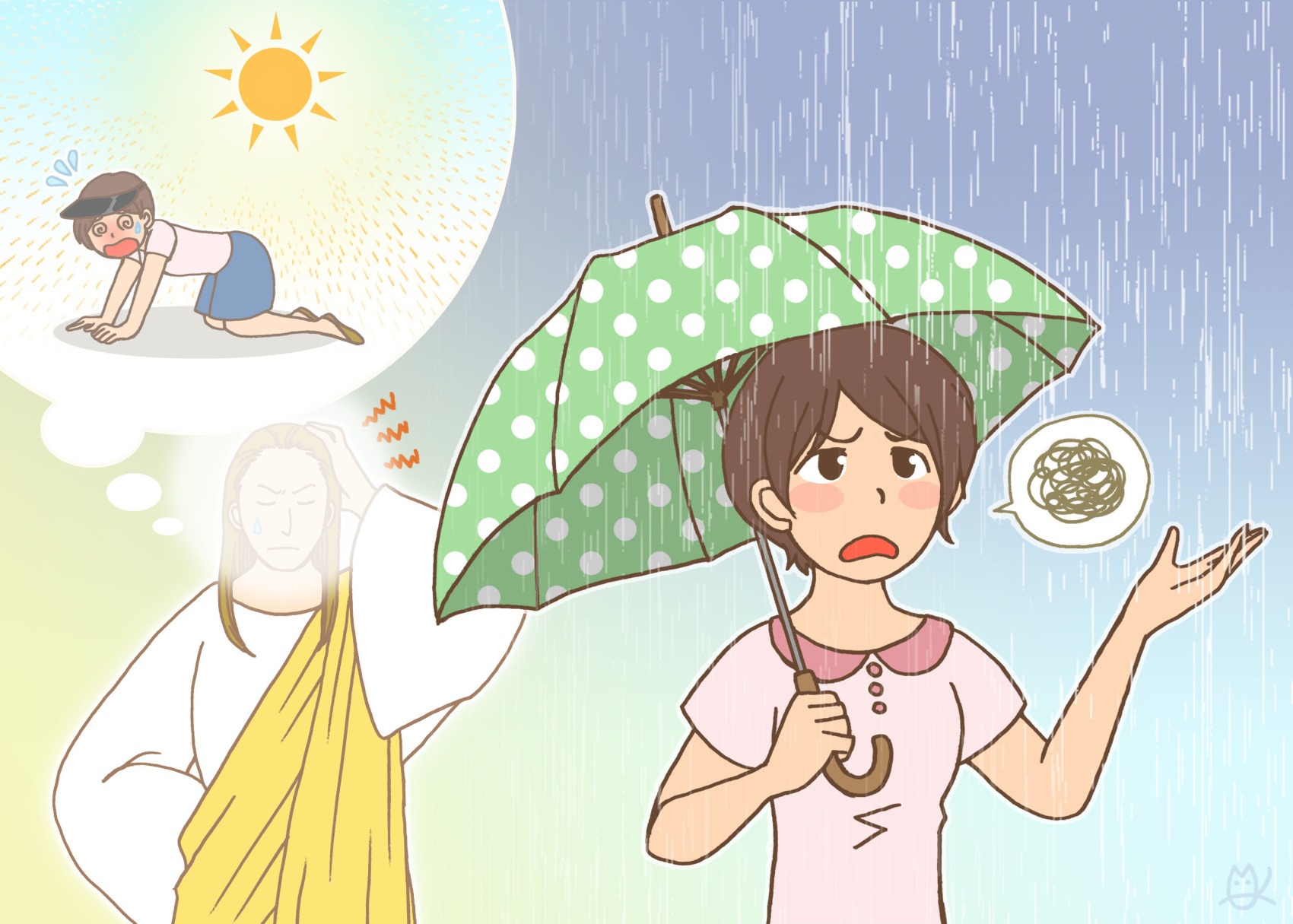 晴れたら暑すぎるのに、それが分からないから雨の天気に不平を言っているイラスト