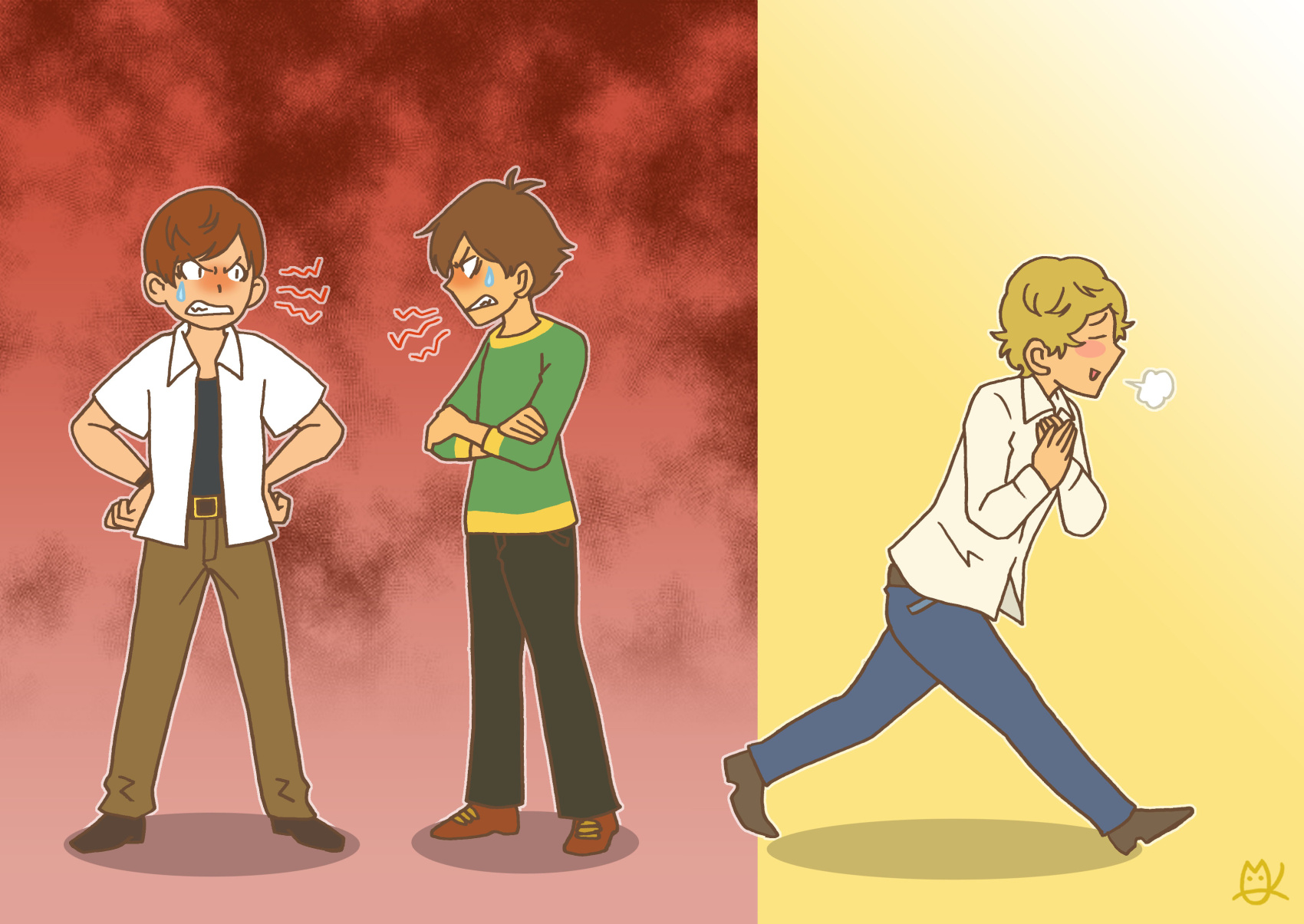 険悪な雰囲気の中から出てきてホッとしている男の子のイラスト