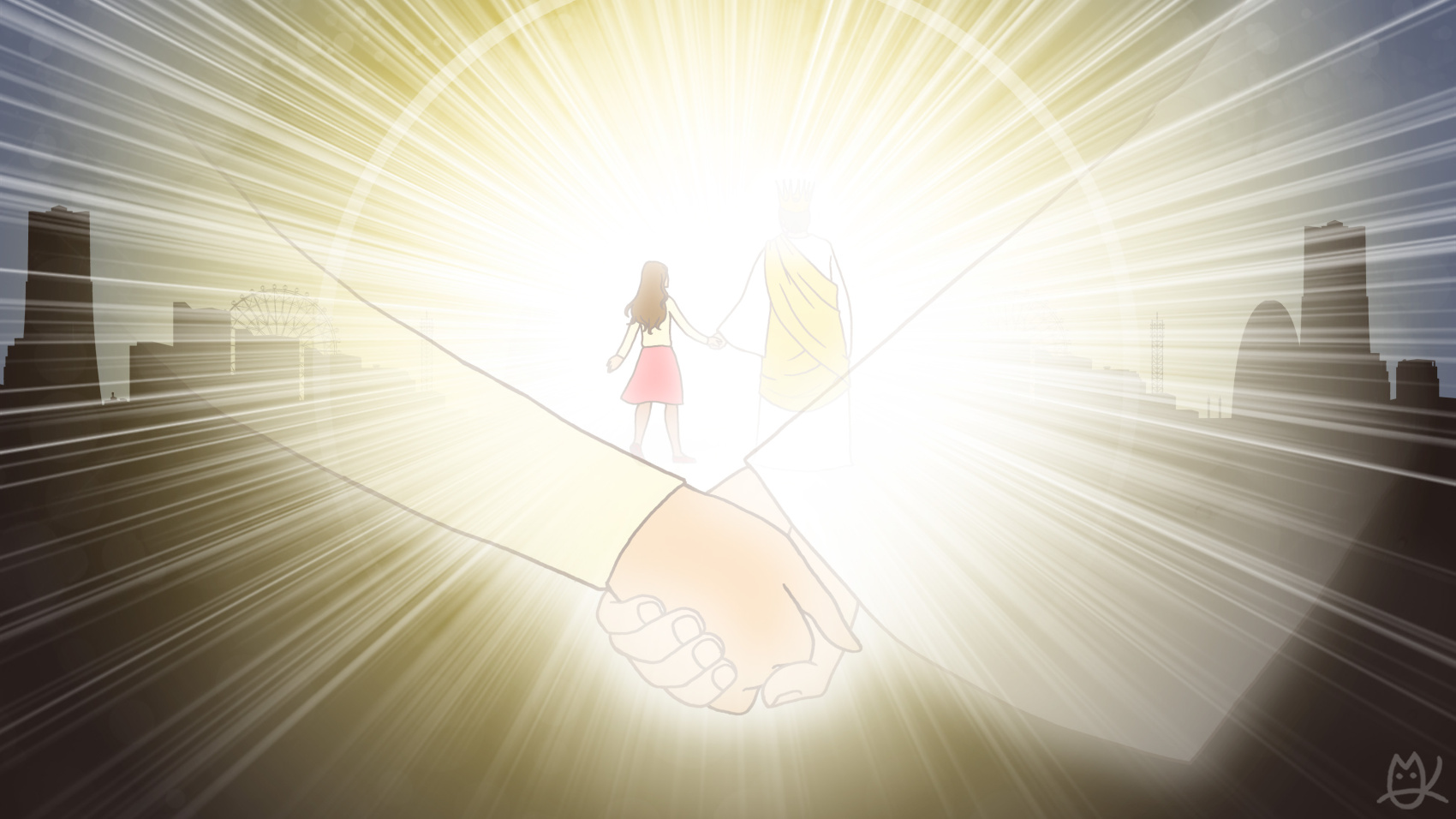 神様と女の子が手を繋いで光の中を歩いているイラスト
