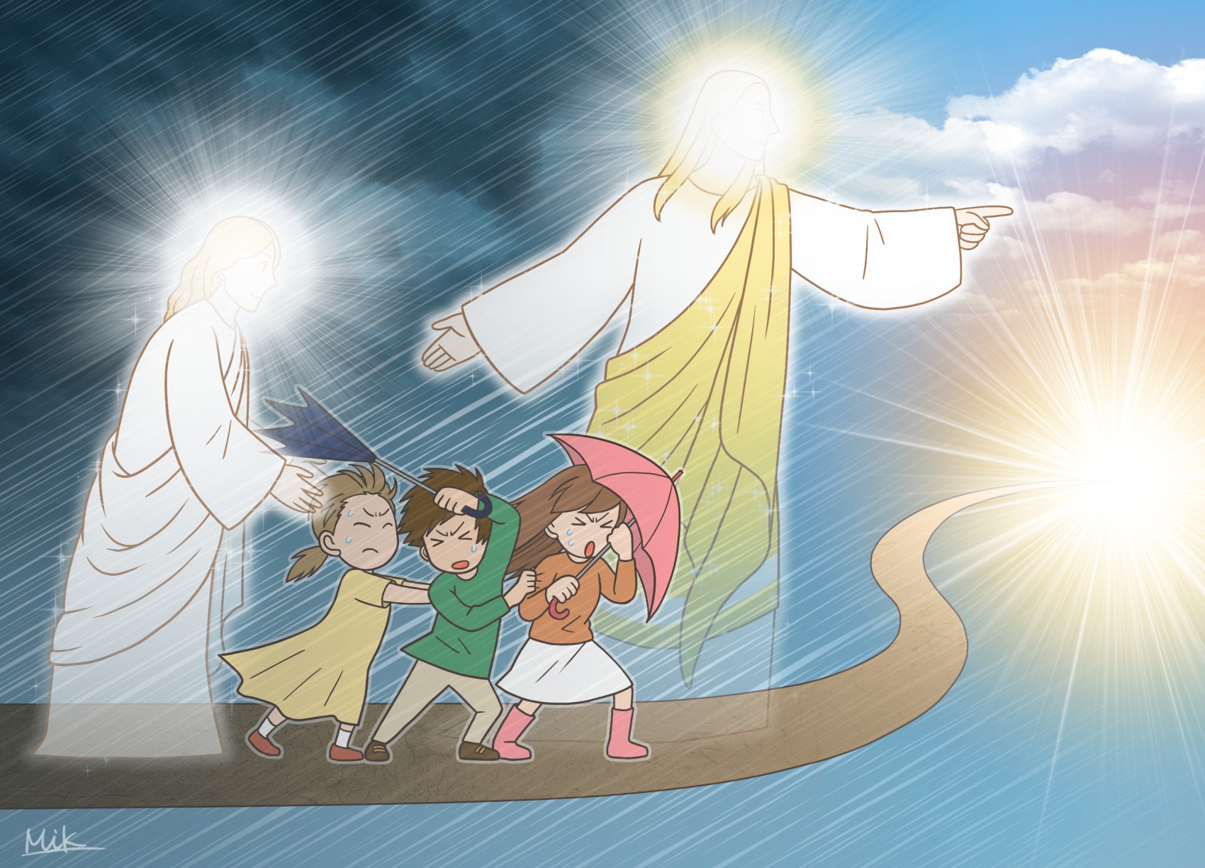 雨風嵐の中進む人々を神様が助けながら光の方へ導いているイラスト