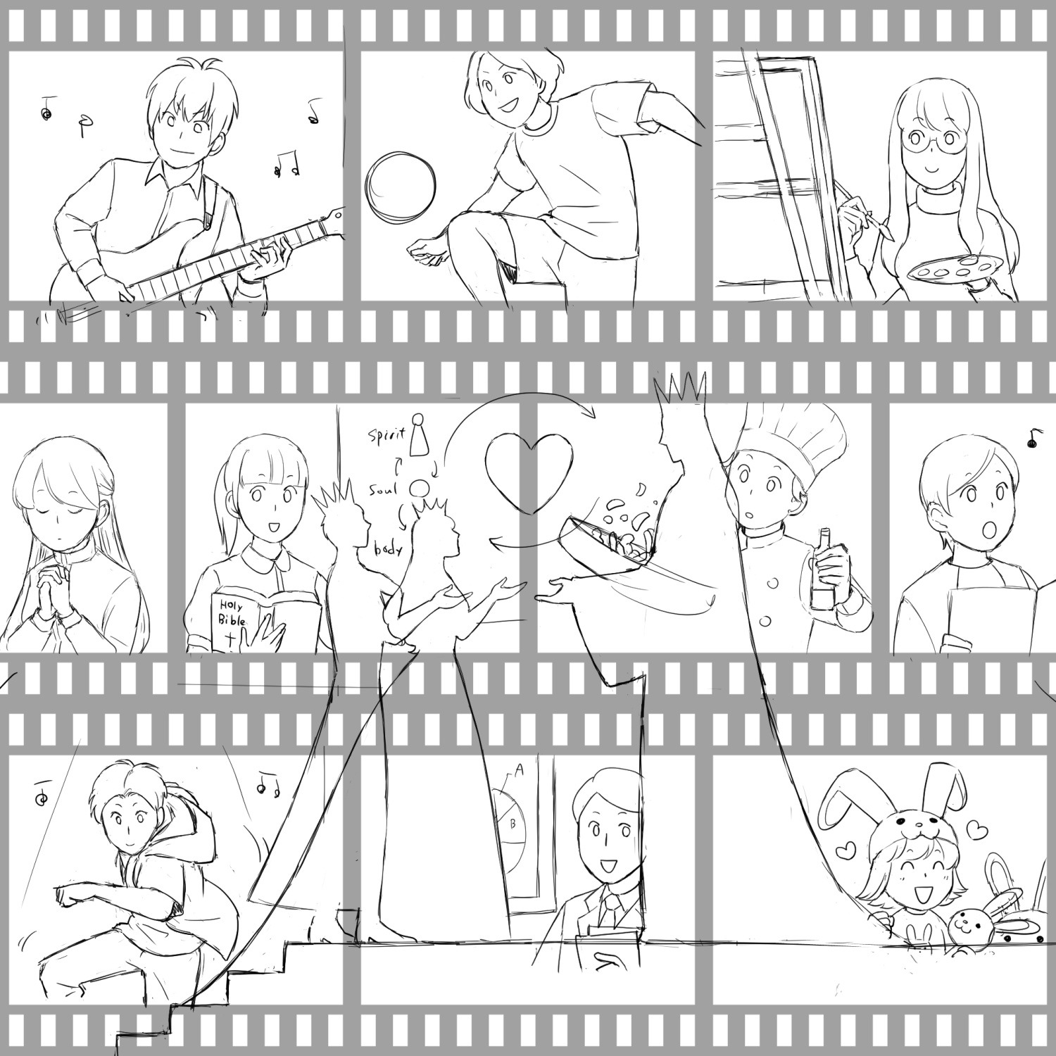 御言葉イラスト「各自が行なった通りに接してくださる愛の法」の下描き