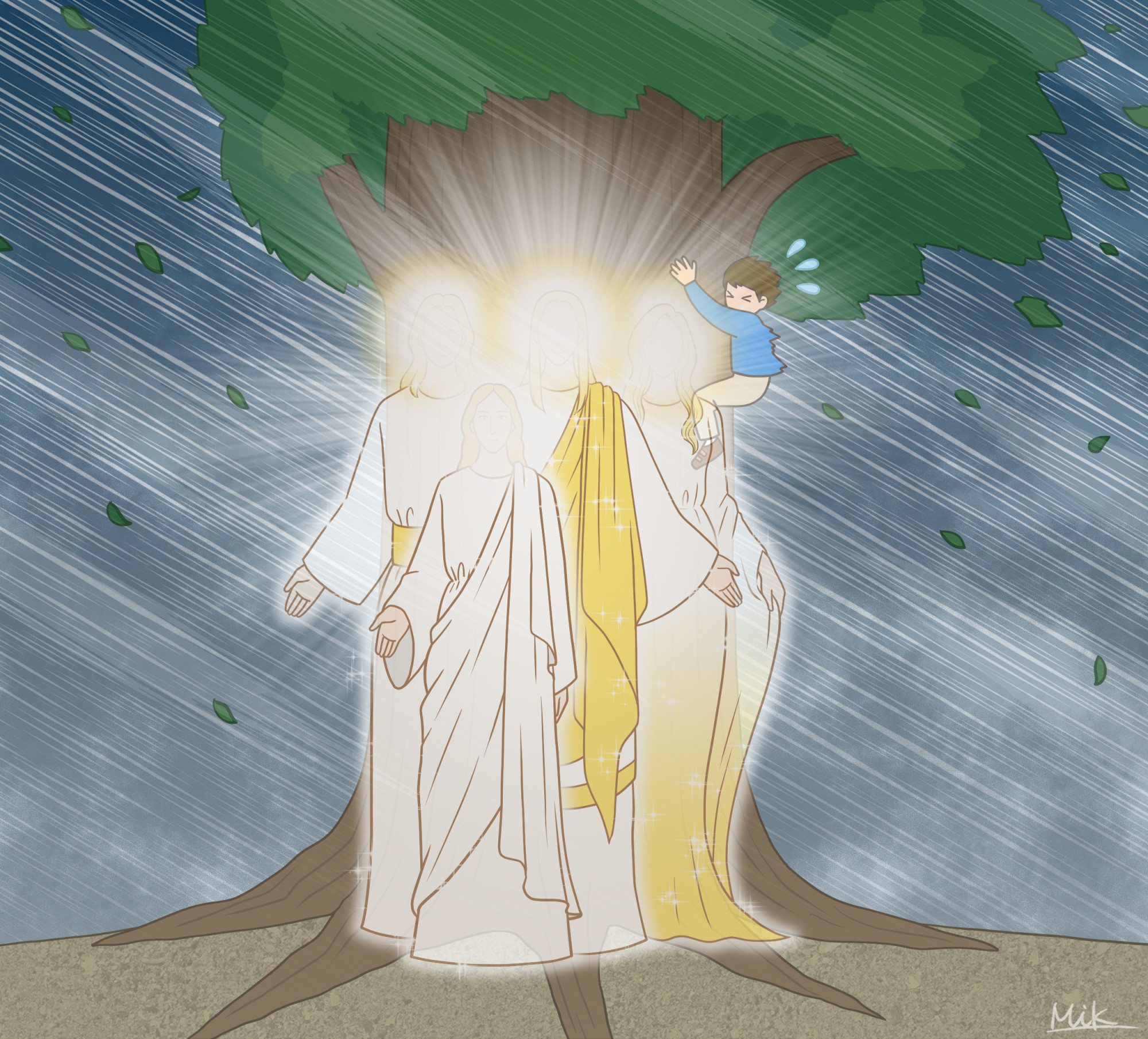 嵐の中で太くどっしりした木のような神様とイエス様にしがみつく男の子のイラスト